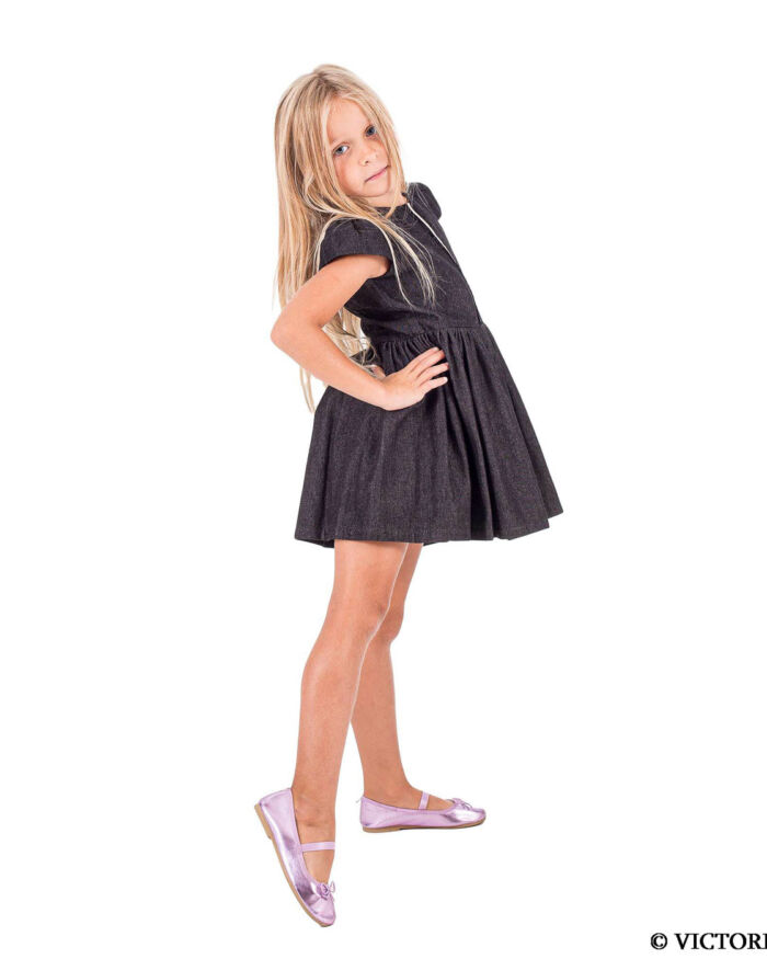 ROCHIE FETE DIN DENIM DE BUMBAC, CU DETALIU DIN TAFTA SI CATIFEA, NEGRU, 3-12 ANI ESTELLE